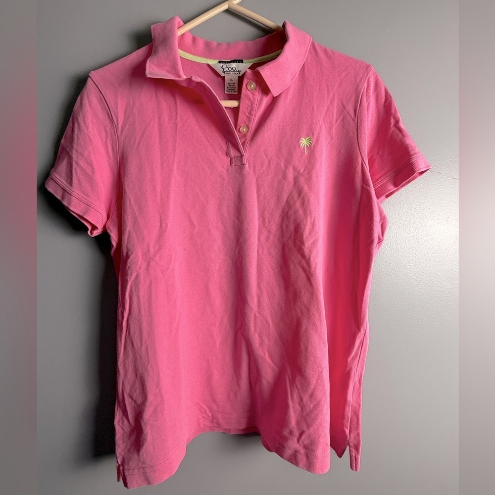 Lilly Pulitzer VTG WHITE TAG Women's Sz XL Shrunken Pink Polo 20" PTP Palm Tree